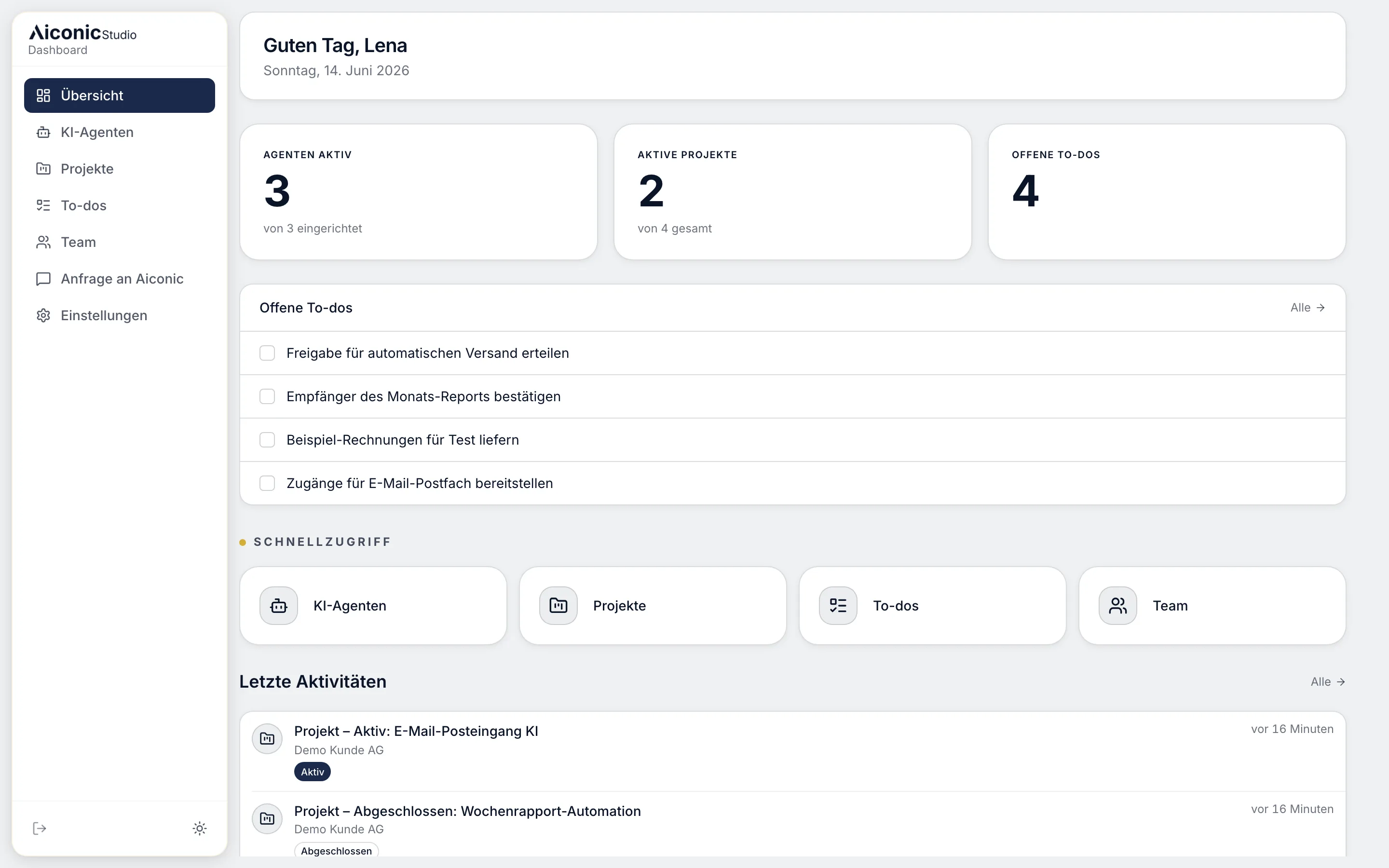 Aiconic Dashboard, Cockpit-Ansicht mit aktiven Agenten und gesparter Zeit