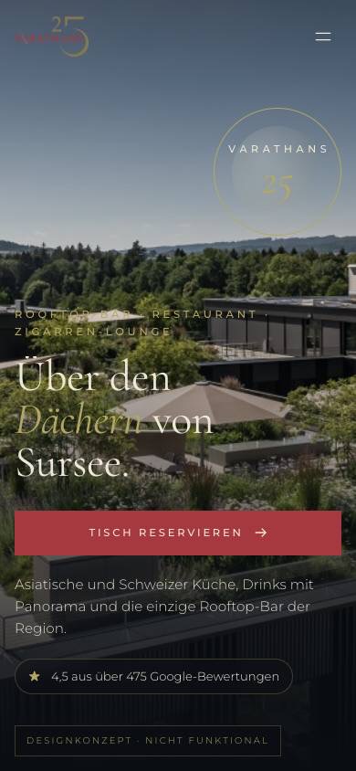 Website-Konzept für Varathans 25, Rooftop-Bar und Restaurant in Sursee